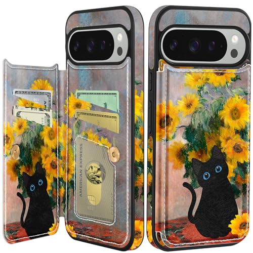 Shorogyt Schutzhülle für Google Pixel 9 Pro XL, Brieftaschen-Schutzhülle mit Kartenhalter, Sonnenblumen-Design, Ständer für Magnetverschluss, Lederschutzhülle für Pixel 9 Pro, XL, für Damen, Mädchen, von Shorogyt