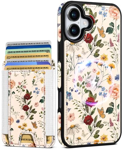 Shorogyt Schutzhülle für iPhone 16 Plus, niedliches Kawaii-Leder, kompatibel mit Magsafe, magnetischer Kreditkartenhalter, Retro-Blumen-Design, Handyhülle für Frauen und Mädchen, passend für 7 Karten von Shorogyt