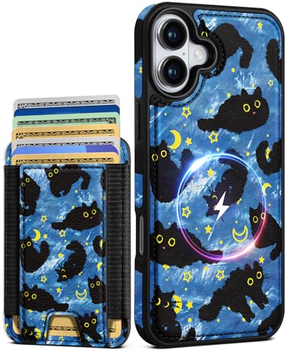 Shorogyt Schutzhülle für iPhone 16 Plus, niedliches Kawaii-Leder, kompatibel mit Magsafe, magnetischer Kreditkartenhalter, schwarze Katze, für Frauen und Mädchen, passend für 7 Karten von Shorogyt