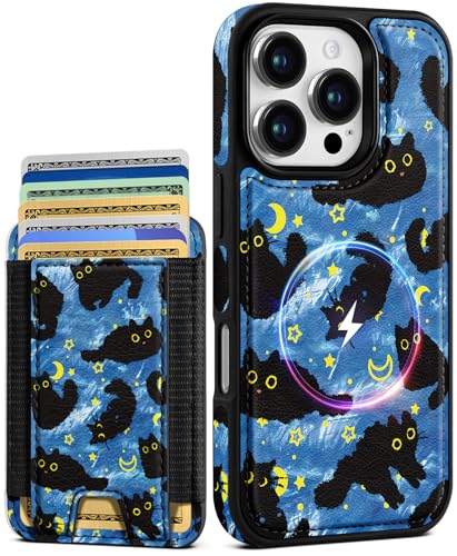 Shorogyt Schutzhülle für iPhone 16 Pro, niedliches Kawaii-Leder, kompatibel mit Magsafe, magnetischer Kreditkartenhalter, schwarze Katze, für Frauen und Mädchen, passend für 7 Karten von Shorogyt