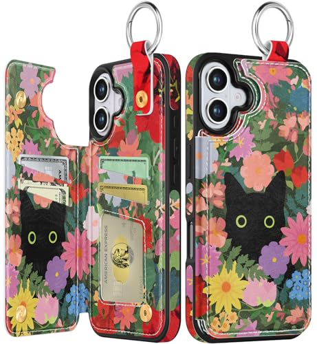 Shorogyt Schutzhülle für iPhone 16 mit Kartenhalter – niedliches modisches Blumen- und Katzen-Design, Ständer für Magnetverschluss, Leder-Telefonhüllen für Damen, Herren, Mädchen, für iPhone 16 von Shorogyt