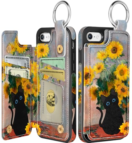 Shorogyt Schutzhülle für iPhone 8/7/SE, Brieftaschen-Schutzhülle mit Kartenhalter, Designer-Sonnenblumen-Katzen-Muster, Ständer, Magnetverschluss, Klappetui, Leder-Telefonhüllen für Damen und Herren, von Shorogyt