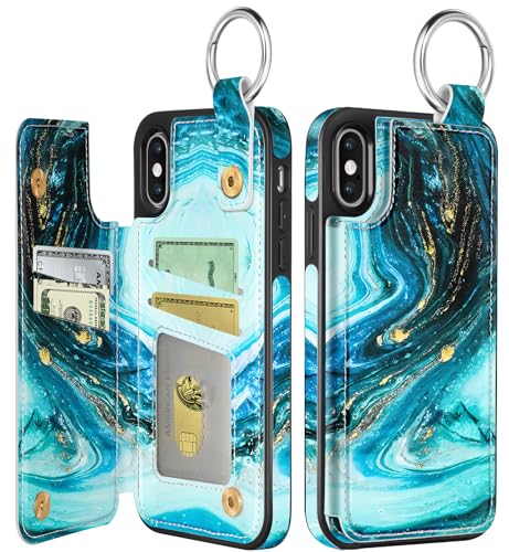 Shorogyt Schutzhülle für iPhone Xs Max mit Kartenhalter – Designer-Schutzhülle für iPhone Xs Max – Cyan-Muster, Ständer, Magnetverschluss, Klappetui, Leder-Telefonhüllen für Damen, Herren, Mädchen von Shorogyt