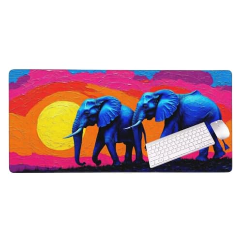 Bunter Elefant Mauspad, Groß Gaming Mauspad XXL 1400x600 mm, Design Vernähte Kanten, Wetterfest Anti Rutsch Mousepad, Utschfeste Gummibasis, Großer Erweiterter Schreibtisch Schutz für Office S-507 von Shozhoo