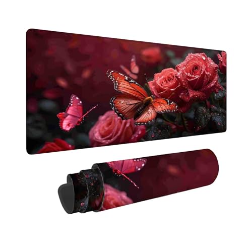 Gaming Mauspad XXL 800 x 300 mm, Mauspad Rot Blume, Großes Mousepad mit Vernähten Kanten, Wasserdicht und rutschfest Mouse Pad, Verbessert Präzision und Geschwindigkeit, Geschenke für Männer F-249 von Shueayin