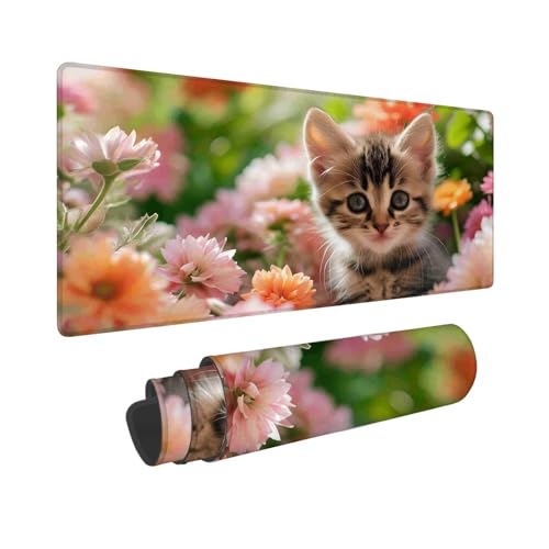 Mauspad 1600 x 800 mm, XXL Mousepad Blume Gaming Mauspad, Wasserabweisend Mauspad Katze Desk Mat, Vernähten Kanten Mouse Pad, Schreibtischunterlage mit Rutschfester Gummibasis für PC, Laptop F-822 von Shueayin