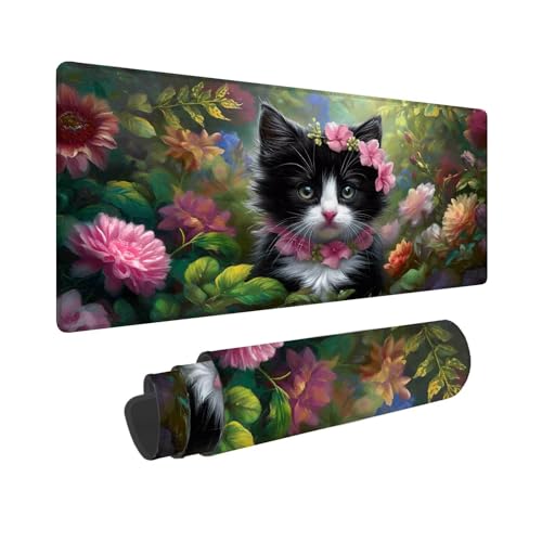 Mauspad 1600 x 800 mm, XXL Mousepad Blume Gaming Mauspad, Wasserabweisend Mauspad Katze Desk Mat, Vernähten Kanten Mouse Pad, Schreibtischunterlage mit Rutschfester Gummibasis für PC, Laptop F-854 von Shueayin