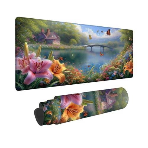 Mauspad 700 x 300 mm, XXL Mousepad Landschaft Gaming Mauspad, Wasserabweisend Mauspad Blume Desk Mat, Vernähten Kanten Mouse Pad, Schreibtischunterlage mit Rutschfester Gummibasis für PC, Laptop F-840 von Shueayin