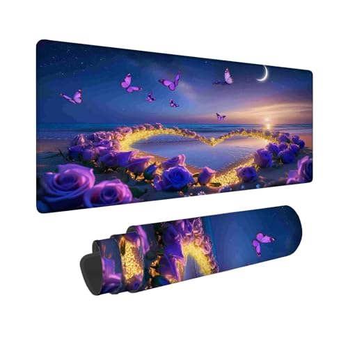 Mauspad 700 x 300 mm, XXL Mousepad Lila Gaming Mauspad, Wasserabweisend Mauspad Blume Desk Mat, Vernähten Kanten Mouse Pad, Schreibtischunterlage mit Rutschfester Gummibasis für PC, Laptop F-727 von Shueayin