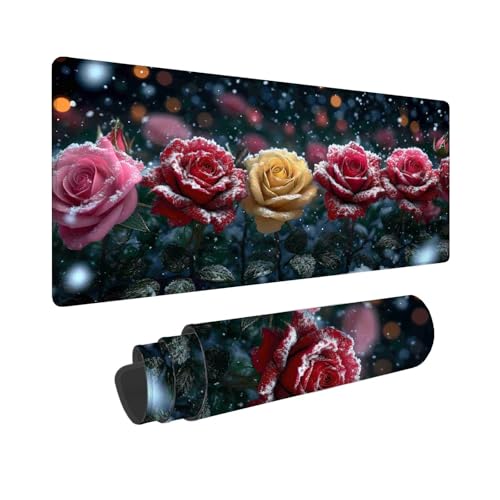 Mauspad 700 x 300 mm, XXL Mousepad Rot Gaming Mauspad, Wasserabweisend Mauspad Blume Desk Mat, Vernähten Kanten Mouse Pad, Schreibtischunterlage mit Rutschfester Gummibasis, Geschenke für Männer F-651 von Shueayin