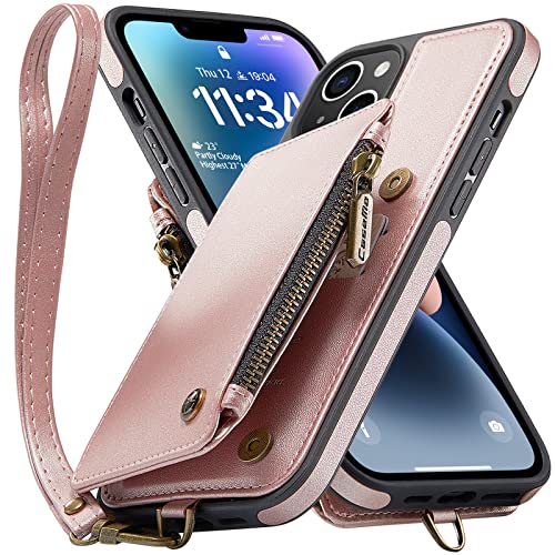 Sibada Armbänder Leder Geldbörsen Handyhülle für iPhone 14 Plus Klappbar Doppelte Magnetschnalle RFID Schutzhülle, mit Zipper Card Slot Kartenhüllen - Roségold von Sibada