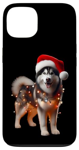 Hülle für iPhone 13 Sibirischer Husky mit Weihnachtsmütze und Weihnachtsbeleuchtung von Siberian Husky Christmas Products