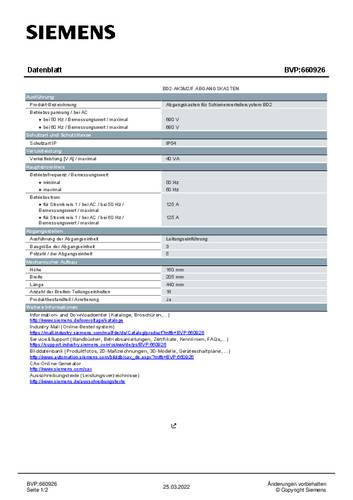 Siemens BVP:660926 Abgangskasten Lichtgrau 125A 690 V/AC 1St. von Siemens