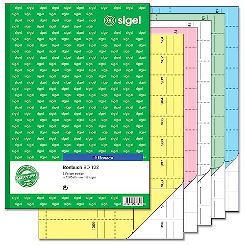 SIGEL BO122 Bonbücher Bonblocks Sparpack im 5er Set á 1000 Abrisse, in gelb, rosa, weiß, grün, blau, A4, 2x50 Blatt (jeweils nummeriert von 1 - 1000) von Sigel