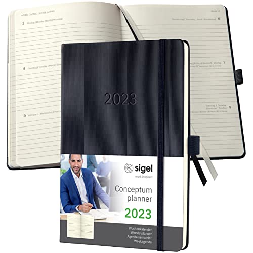 SIGEL C2312 Terminplaner Wochenkalender 2023 - ca. A5 - schwarz - Hardcover - 192 Seiten - Gummiband, Stiftschlaufe, Archivtasche - PEFC-zertifiziert - Conceptum von Sigel