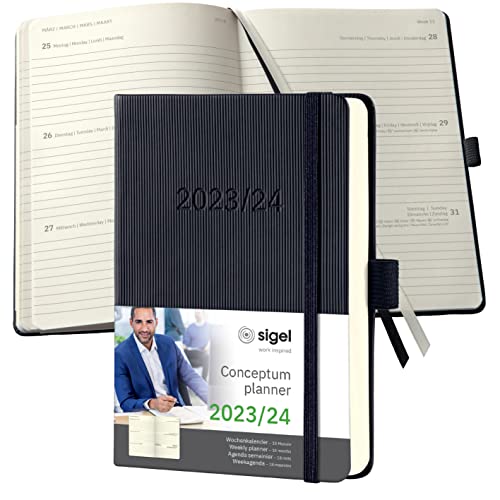 SIGEL C2402 Terminplaner Wochenkalender 2023/2024, ca. A6, schwarz, Hardcover, Gummiband, Stiftschlaufe, Archivtasche, PEFC-zertifiziert, 18-Monatskalender, Conceptum von Sigel