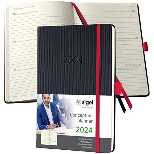 SIGEL C2408 Terminplaner Wochenkalender 2024, ca. A5, schwarz, rot, Hardcover, 192 Seiten, Gummiband, Stiftschlaufe, Archivtasche, PEFC-zertifiziert, Conceptum von Sigel