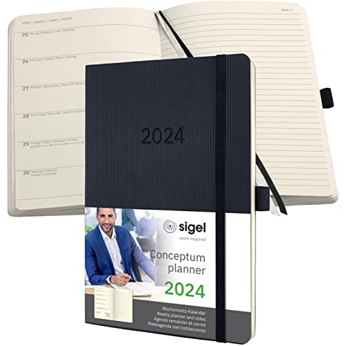 SIGEL C2424 Terminplaner Wochennotiz-Kalender 2024, ca. A5, schwarz, Softcover, 192 Seiten, Gummiband, Stiftschlaufe, Archivtasche, PEFC-zertifiziert, Conceptum von Sigel