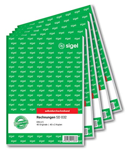 SIGEL SD032/5 Rechnungen, A5, 3x40 Blatt, selbstdurchschreibend, 5er Pack, aus nachhaltigem Papier von Sigel