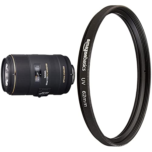 Sigma 258306 105 mm F2,8 EX Makro DG OS HSM-Objektiv (62 mm Filtergewinde) für Nikon Objektivbajonett & Amazon Basics UV-Sperrfilter - 62mm von Sigma