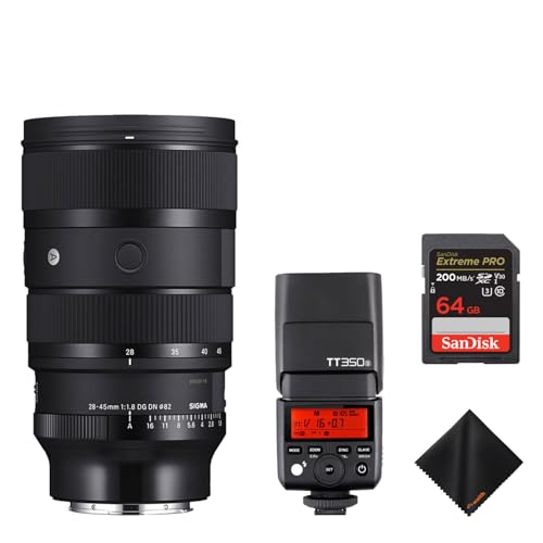 Sigma 28-45 mm f1.8 DG DN Art Objektiv für Sony E-Mount| Vollformat, 5 SLD-Elemente, abgerundetes 11-Blade mit Godox Flash TT350S Mini für Sony Kameras, 64 GB Extreme PRO UHS-I Speicherkarte Advanced von Sigma