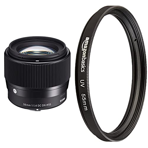 Sigma 351971 56mm F1,4 DC DN Contemporary Objektiv (55mm Filtergewinde) für Canon,EF-M Objektivbajonett & Amazon Basics UV-Sperrfilter - 55mm von Sigma