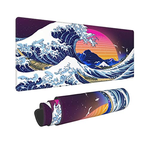 Japanische Kanagawa Great Wave Neon Sonne Meer Vogel Gaming Tastatur Mauspad Zubehör Riesige Verlängerte XL genähte Kante Gummisohle für Zuhause Büro (80 x 30 cm) von Sigouyinei