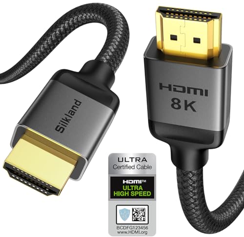 Silkland 10K 8K HDMI 2.1 Kabel 2m, Zertifiziertes HDMI Kabel 4K@144Hz/120Hz 8K@60Hz,eARC, HDR10, Dolby Atmos, 48Gbps, HDCP 2.2&2.3 für HDTV/Soundbar/PS5/Blu-ray/Switch/Beamer/Laptop/Display/TV Box/PC von Silkland