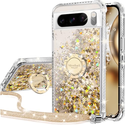 Silverback Kompatibel für Google Pixel 8 Pro Hülle mit Band, Mädchen Glitzer Handykette Handyhülle 360 Grad Ring Cover Flüssigkeit Clear Schutzhülle für Google Pixel 8 Pro - Gold von Silverback