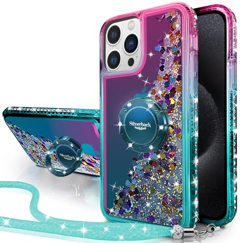 Silverback Kompatibel für iPhone 15 Pro Max Hülle mit Band Mädchen Glitzer Handykette Handyhülle 360 Grad Ring Cover Silikon Flüssigkeit Clear Schutzhülle für iPhone 15 Pro Max -Grün von Silverback