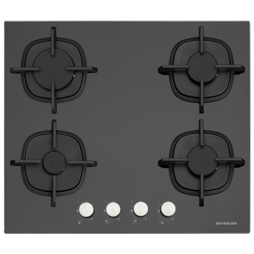 Silverline CS5404B01 (5437.6.733.01) Glas-Kochfeld, 4 Gasbrenner, Gusseisen-Grills, Unterlenkzündung, Griffe vorne, Maße 590 x 520 x 55 cm von Silverline