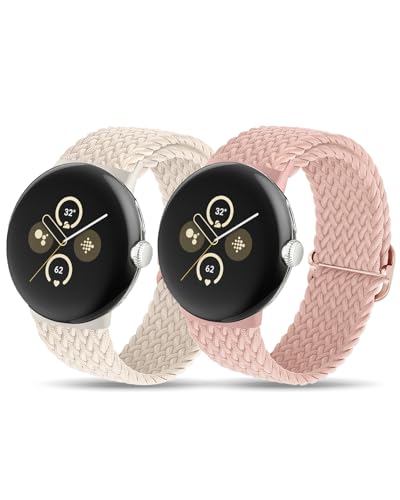 SimpleThings 2 Stück Nylon Geflochtenes Watch Armband für Google Pixel Watch 2/1, Verstellbares Elastisches Pixel Watch 2/1 Armband, Sport Ersatzarmband für Google Pixel Watch Armband (Starlight+Pink) von SimpleThings