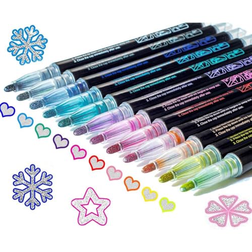 Simpls Schimmermarker Doodle Outline Dazzles: 12 Farben Metallic Double Line Glitter Pens Set Super Squiggles Sparkle Dazzlers Langlebig Einfach zu Verwenden Mehrfarbig von Simpls