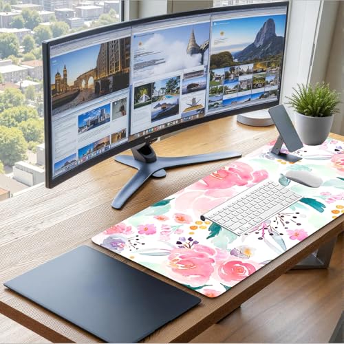 Großes Boho-Mauspad, botanische grüne Blätter, moderne ästhetische Schreibtischunterlage, XL, Aquarell-Blumen-Mauspad, rutschfeste Gummiunterseite, Büro, Zuhause, Computer-Tastatur, Gaming-Mauspad, 80 von Simsant