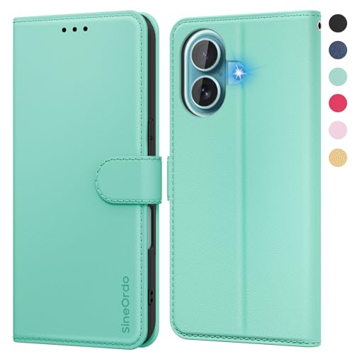 SineOrdo Handyhülle iPhone 16 Hülle,Leder Klapphülle iPhone 16 Flip Case [Kartenfach] [Ständer] Wallet Schutzhülle Klappbar Tasche - Minzgrün von SineOrdo