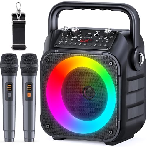 Singingmate Karaoke-Maschine, tragbarer Bluetooth-Lautsprecher für Erwachsene mit 2 drahtlosen Mikrofonen, PA-System für Erwachsene und Kinder mit LED-Leuchten für Partys(Schwarz) von Singingmate