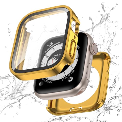 Singiuzoo 2 in 1 Wasserdichte Hülle für Apple Watch Series SE 6 5 4 40mm, Straight Edge PC Front & Back Bumper mit Panzerglas Schutzfolie 360 Schutzhülle für iWatch (40mm, Gold) von Singiuzoo