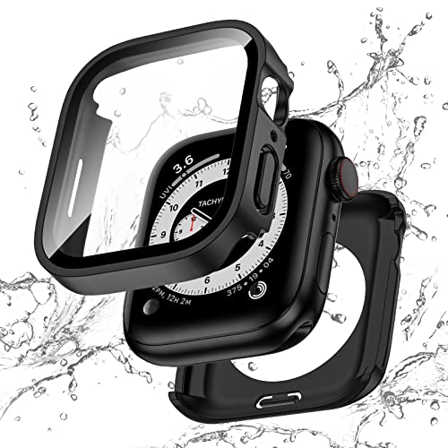 Singiuzoo 2-in-1 wasserdichte Schutzhülle für Apple Watch Serie 10, 46 mm, gerade Kante, PC-Front- und Rückseite, Stoßstange mit gehärtetem Glas, 360-Grad-Schutzhülle für iWatch (46 mm, Schwarz) von Singiuzoo