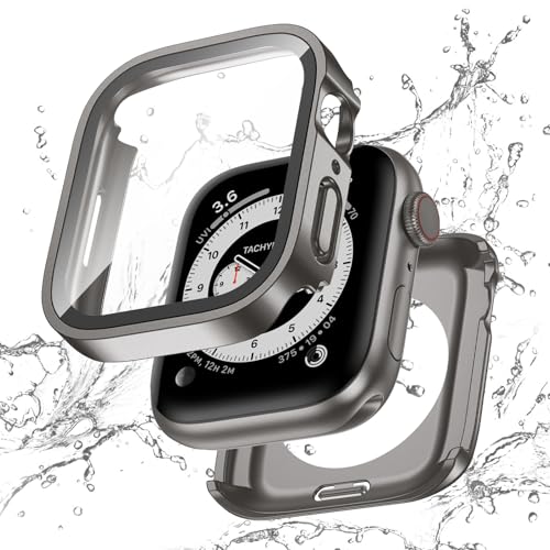 Singiuzoo 2-in-1 wasserdichte Schutzhülle für Apple Watch Serie 9, 8, 7, 45 mm, gerade Kante, PC-Front- und Rückseite, Stoßstange mit gehärtetem Glas, 360-Grad-Schutzhülle für iWatch (45 mm, Ti) von Singiuzoo