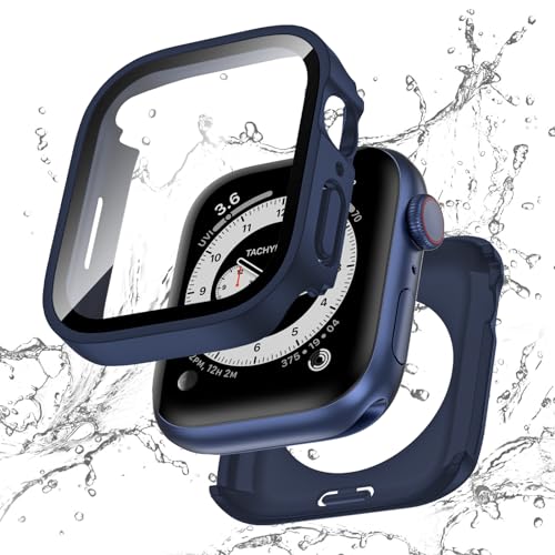 Singiuzoo 2-in-1 wasserdichte Schutzhülle für Apple Watch Serie 9, 8, 7, 45 mm, gerade Kante, PC-Front- und Rückseite, Stoßstange mit gehärtetem Glas, 360-Grad-Schutzhülle für iWatch (45 mm, blau) von Singiuzoo