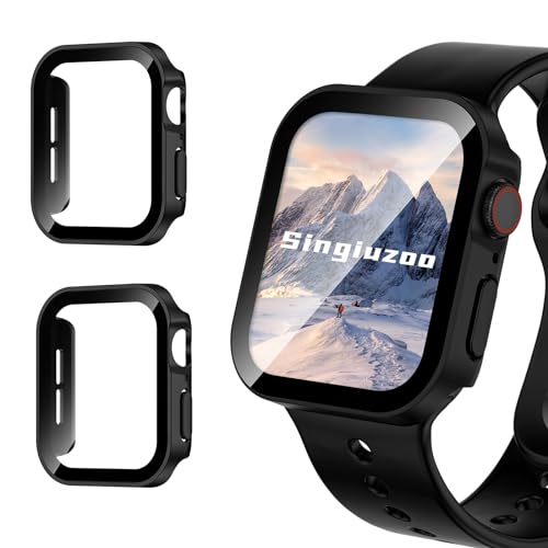 Singiuzoo Wasserdichte Schutzhülle für Apple Watch Serie 9, 8, 7, 45 mm, gerade Kante, PC-Stoßstange mit gehärtetem Glas, Displayschutz, 360-Grad-Schutzhülle für iWatch (45 mm, Schwarz/Schwarz) von Singiuzoo