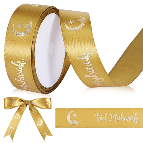 Sinmoe Eid Mubarak Geschenkbänder 5 m X 2,5 cm Ramadan Satinband Geschenkband Satin Dekoband Schleifenbänder mit Schriftzug Seidenbänder für Süßigkeitstüten Geschenkverpackung(Gold) von Sinmoe