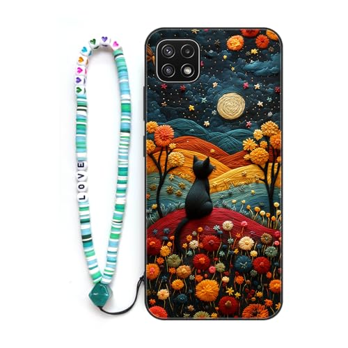 Sinyunron Handyhülle Kompatibel mit Samsung Galaxy A22 5G Hülle Stoßfeste Kratzfest TPU Schutzhülle Gemusterte Handy Schutzschale mit Buntes Schlüsselband,Katze-02 von Sinyunron