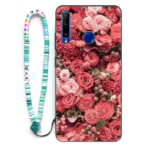 Sinyunron Hülle Kompatibel mit Honor 20 Lite Handyhülle 2-in-1 Hybrid Set [Stoßfeste TPU Schutzhülle+Gemusterte Rückseite],Handy Schutzschale mit Buntes Schlüsselband,Rose von Sinyunron