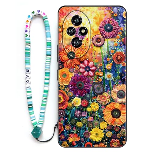 Sinyunron Hülle Kompatibel mit Honor 200 Handyhülle 2-in-1 Hybrid Set [Stoßfeste TPU Schutzhülle+Gemusterte Rückseite],Handy Schutzschale mit Buntes Schlüsselband,Bunte Blumen von Sinyunron