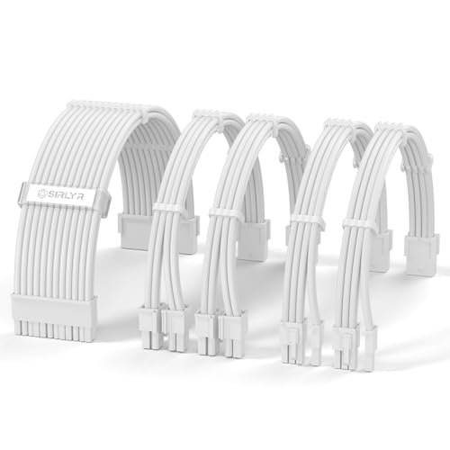 Sirlyr PSU Kabel Verlängerungskit,vorgebogenes PC Verlängerungskabel - Bright White Nylon Braided Power Supply Extensions,1x 24Pin ATX/2X 8 (4+4) Pin EPS/Gold-plated 2X 8 (6+2) Pin PCIE,5 Kits von Sirlyr