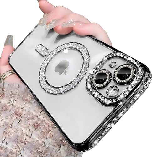 Sitthyw Glitzer Hülle für iPhone 15 Plus [Kompatibel mit Mag-Safe] Transparent Handyhülle mit Bling Sparkly Diamant für Mädchen Magnetische Schutzhülle Weiche TPU Bumper Stoßfest Case, Schwarz von Sitthyw