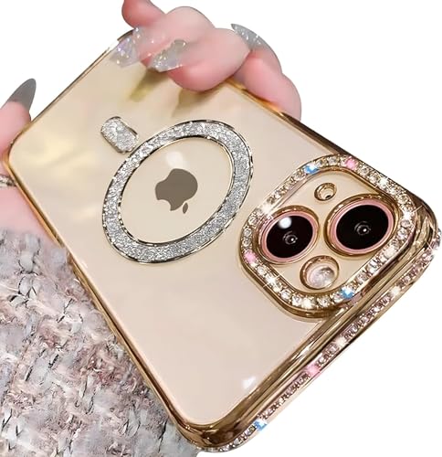 Sitthyw Glitzer Hülle für iPhone 16 Pro Max Magnetisch Handyhülle Kompatibel mit Mag-Safe, Plating Transparent Case Bling Glitzer Diamant Kameraschutz Stoßfest Schutzhülle für Mädchen Cover, Gold von Sitthyw