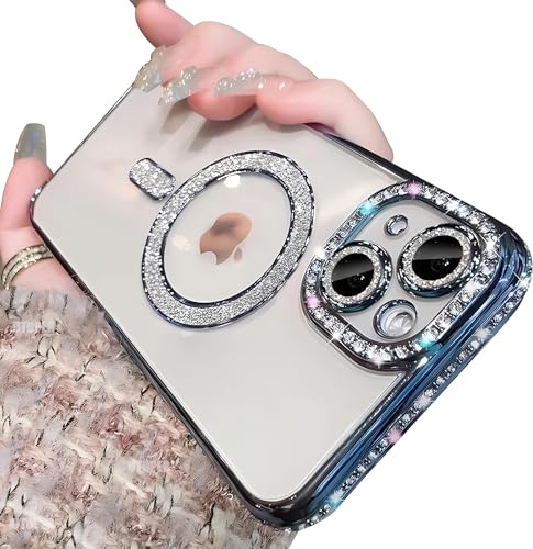 Sitthyw Glitzer Hülle für iPhone 16 Pro Max Magnetisch Handyhülle Kompatibel mit Mag-Safe, Plating Transparent Case Bling Glitzer Diamant Kameraschutz Stoßfest Schutzhülle für Mädchen Cover, Blau von Sitthyw