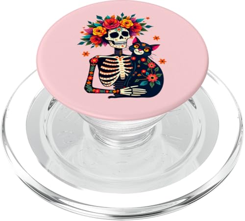 Florales Skelett und schwarze Katze Día De los Muertos Tag der Toten PopSockets PopGrip für MagSafe von Skeleton & Cat Sugar Skull Día de los Muertos tees